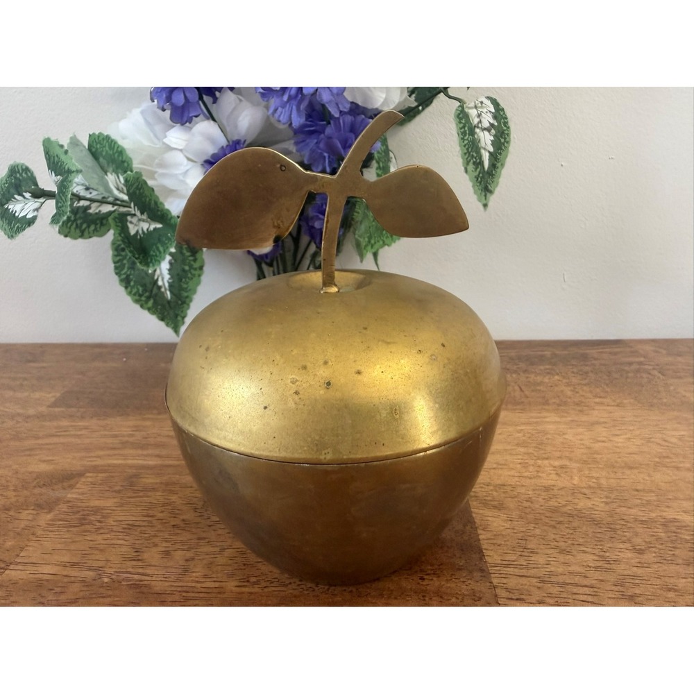Vintage Solid Brass Apple Container Lidded Trinket Box Decor MCM Fruit Kitchen‎